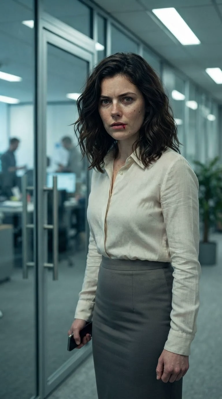 Sasha stands outside a glass office door with a split lip and her phone clenched in one hand.
