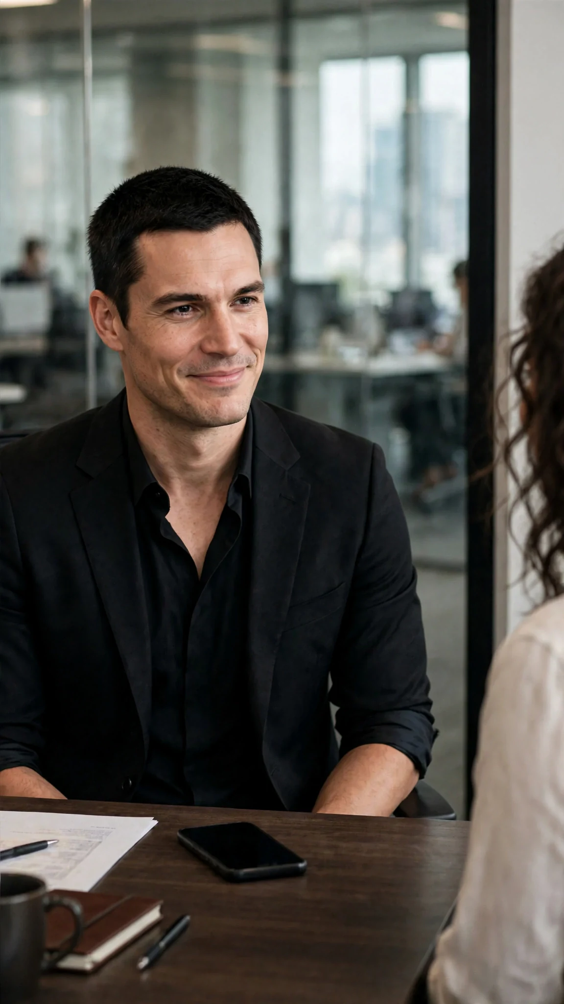 Dominic sits behind a desk in a glass-walled office, phone faceup, watching Sasha.