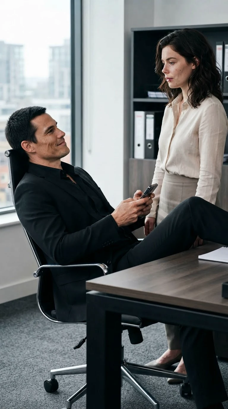 Dominic holds up his phone and watches Sasha from behind his desk.