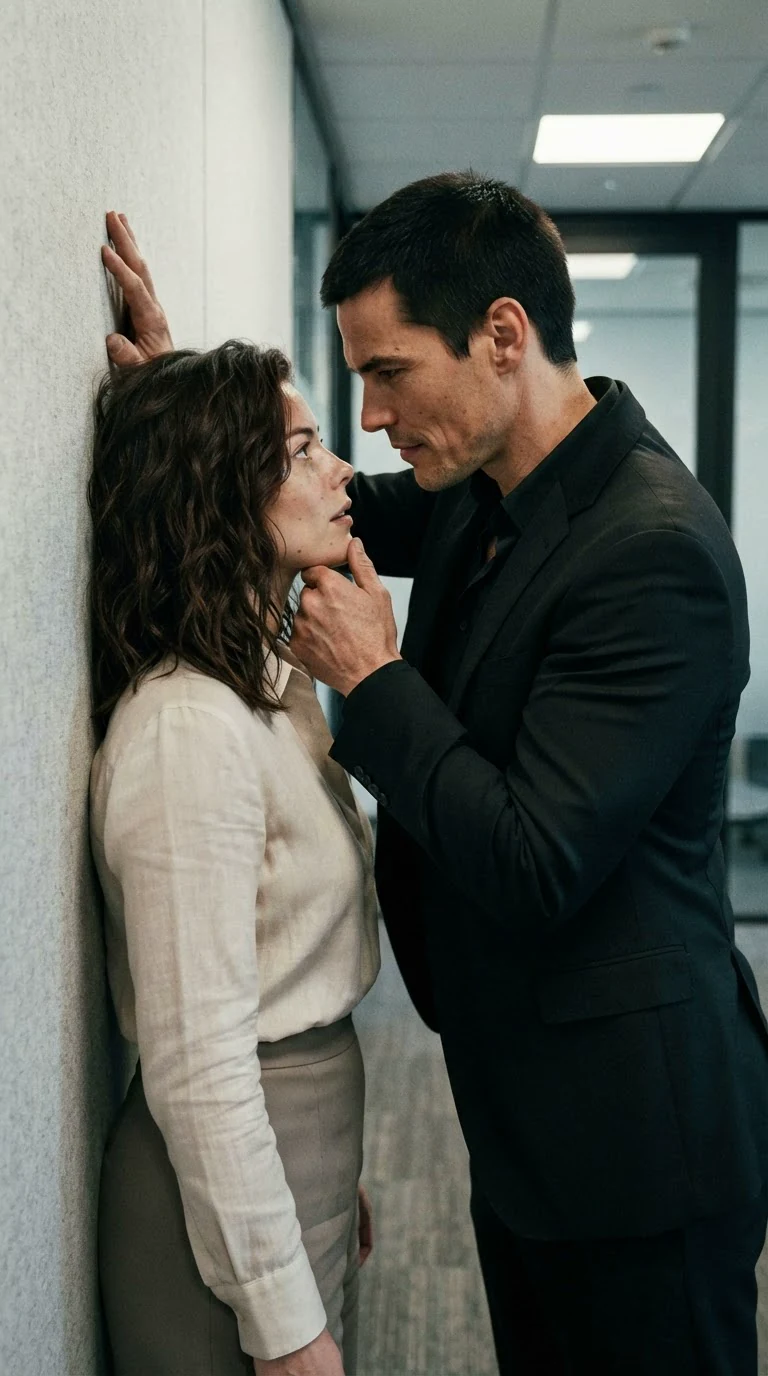 Dominic traps Sasha against the office wall, faces close.