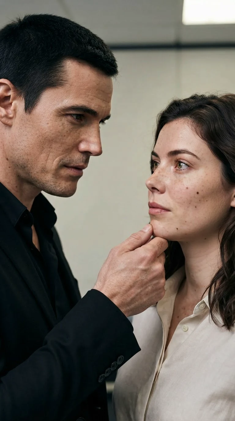Dominic holds Sasha's chin and studies her face.