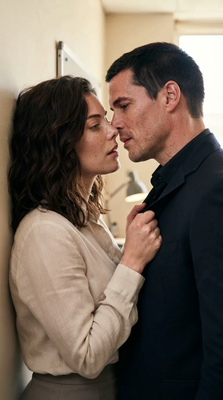 Sasha grips Dominic's lapels, faces close after a kiss.