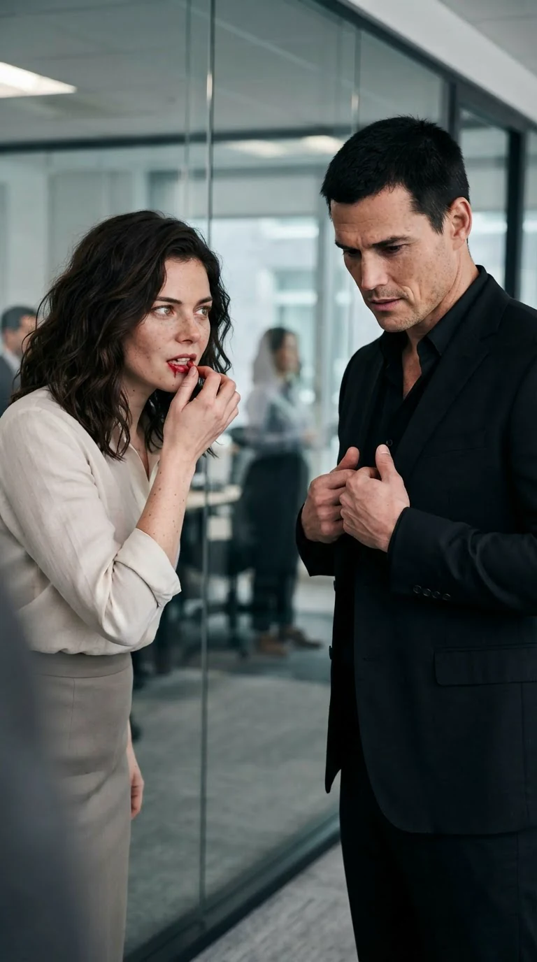Sasha wipes her split lip as Dominic straightens his suit.
