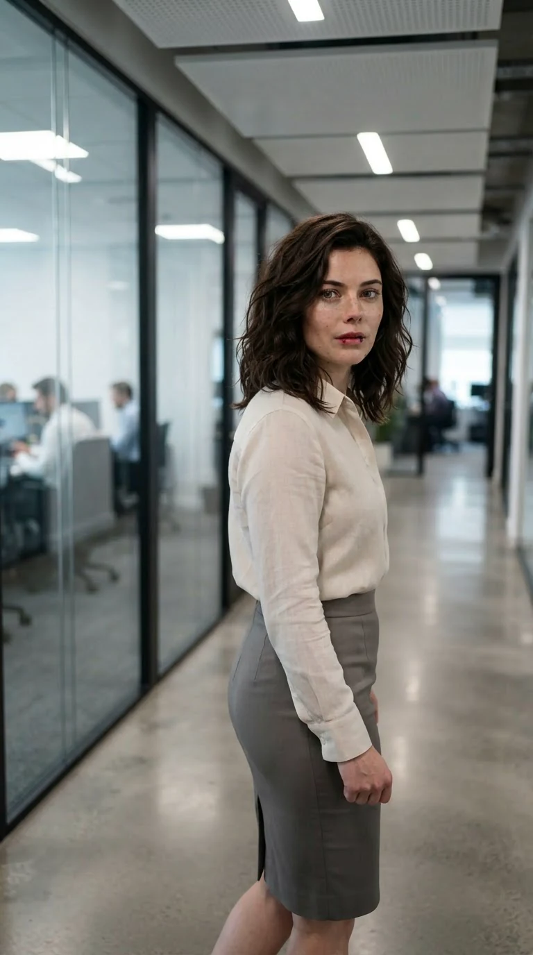 Sasha walks down the office hallway with her head up.