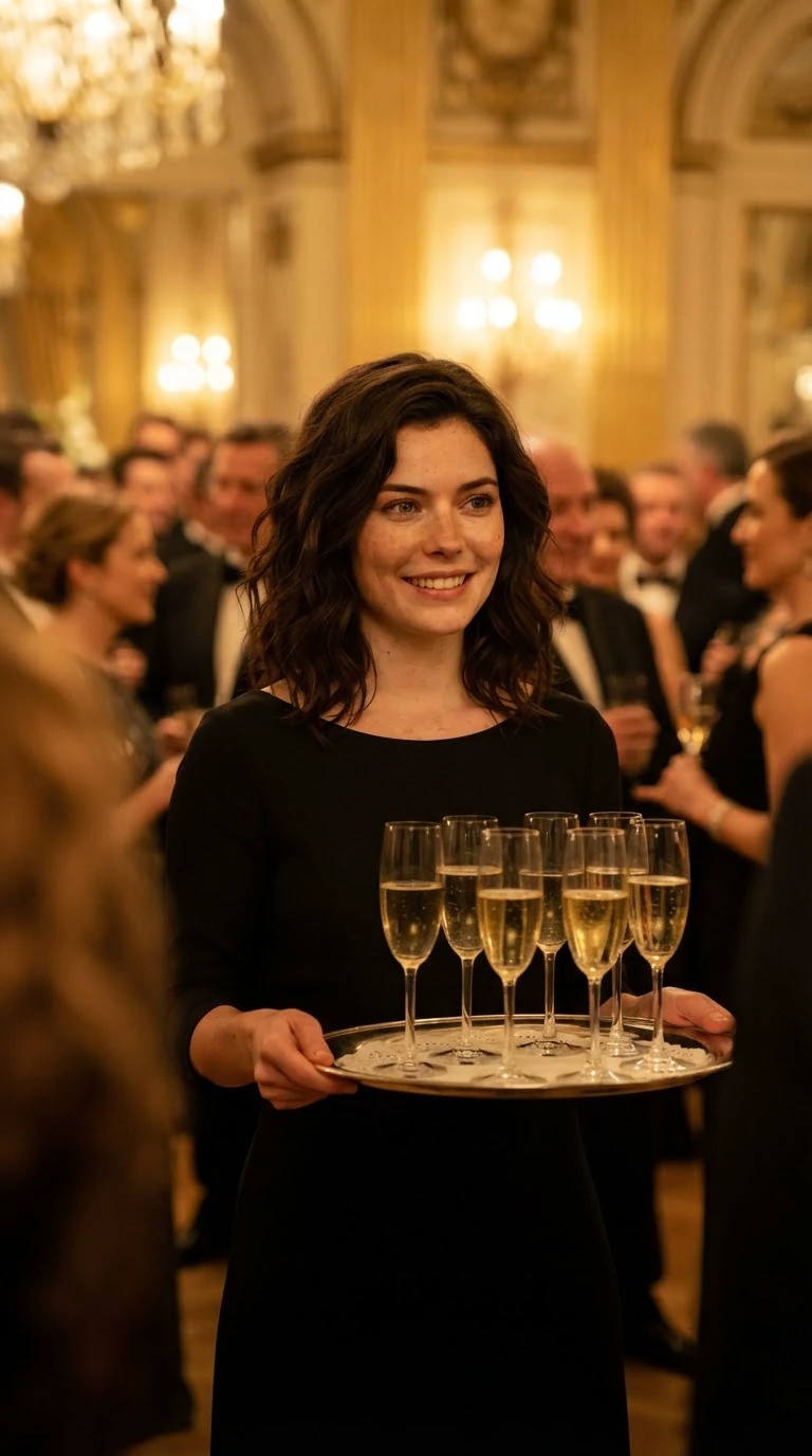 A young woman in a black dress carries a champagne tray through a gold-lit ballroom with a frozen smile.