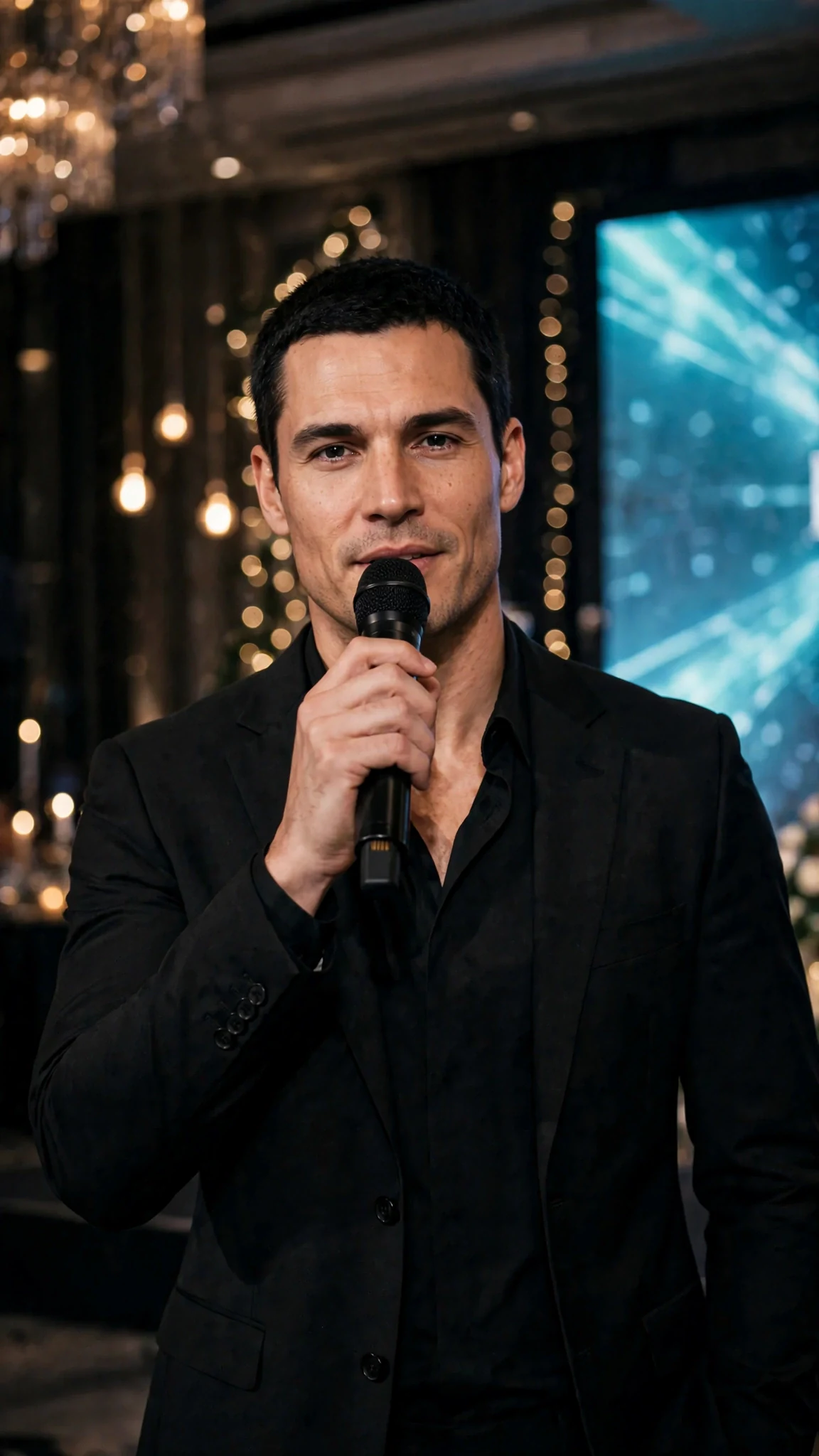 A tall dark-haired man in a suit speaks into a microphone on a stage.