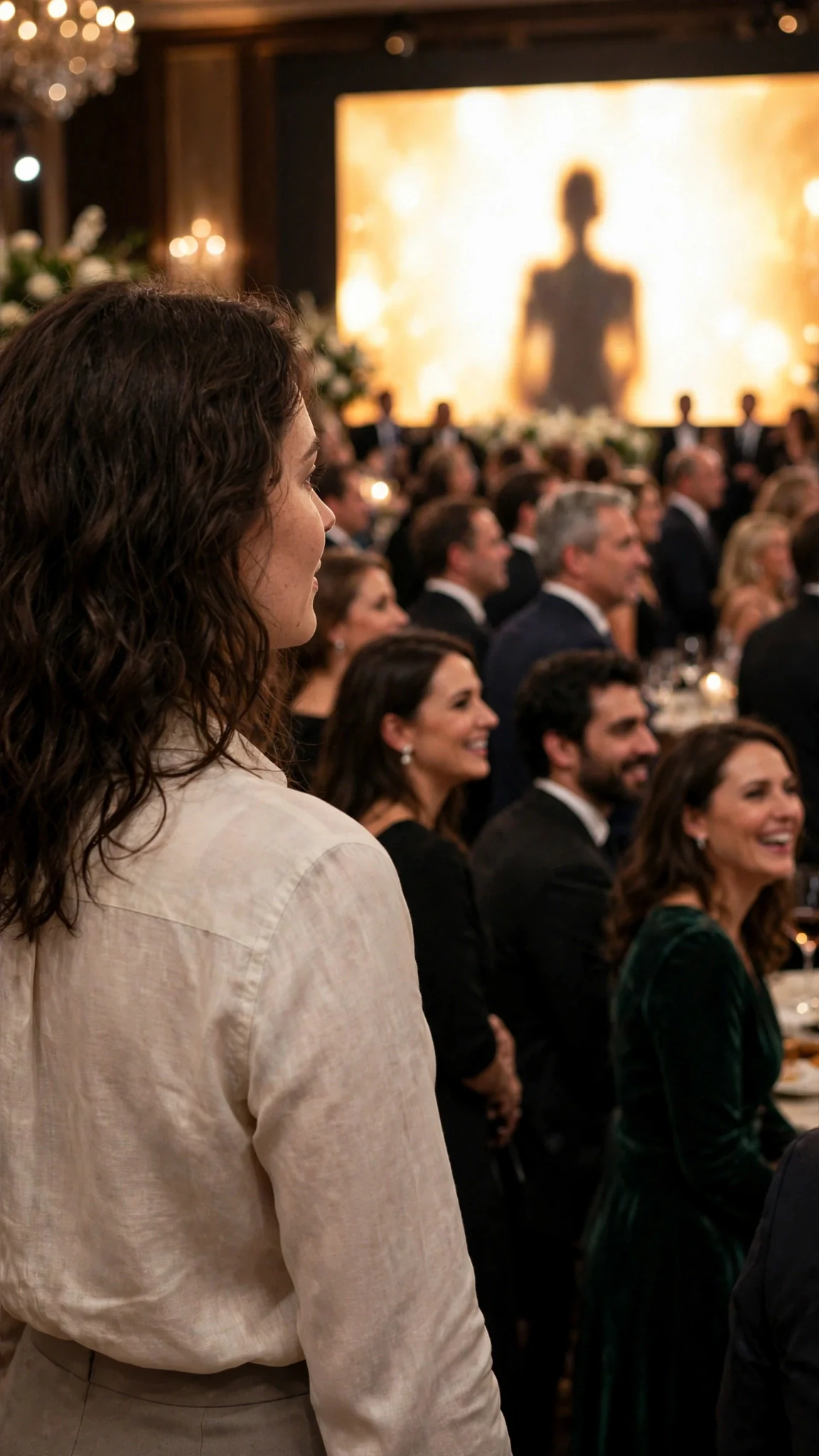 The ballroom screen flares bright behind the stage as guests turn to look.