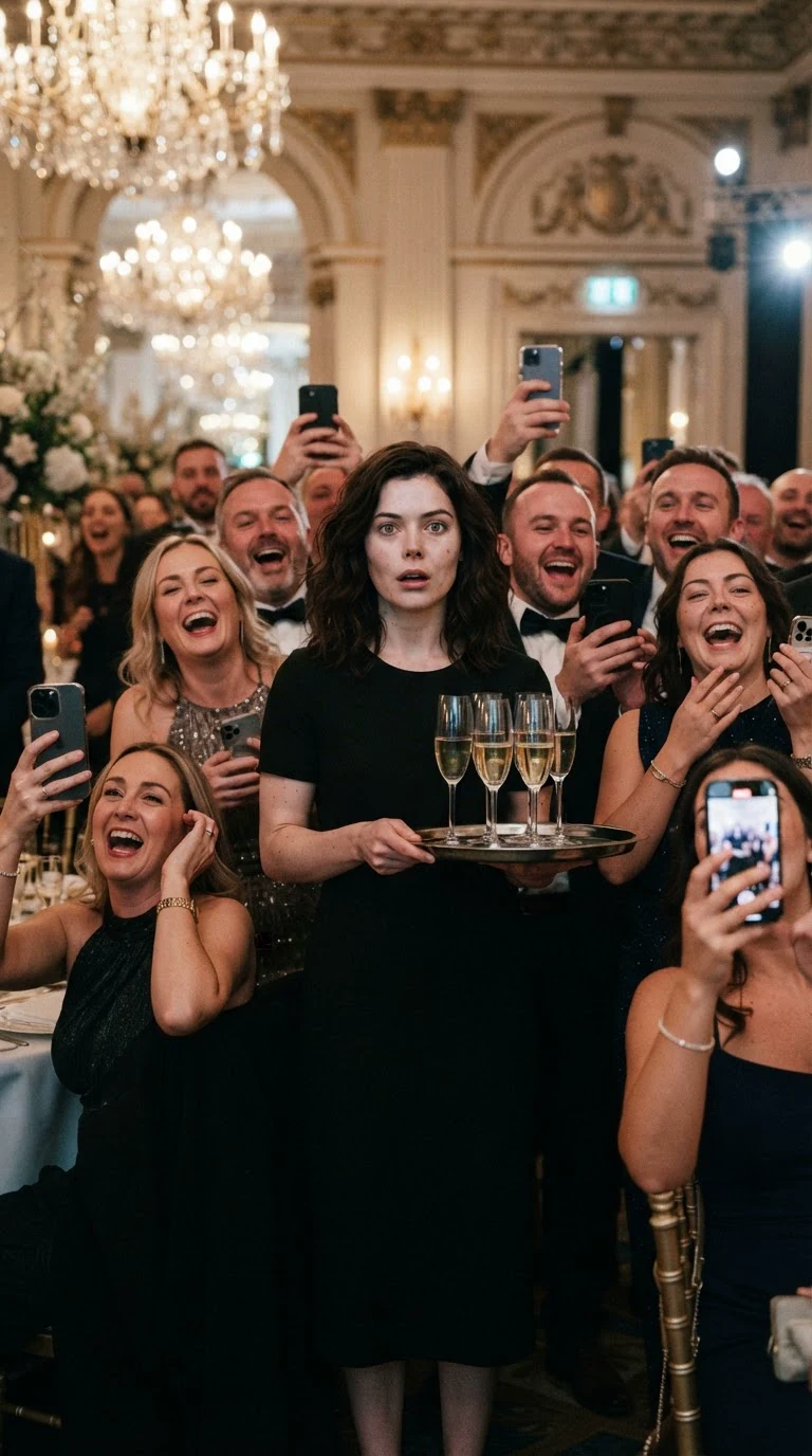 Guests laugh and lift their phones while a young woman stands frozen with a tray.