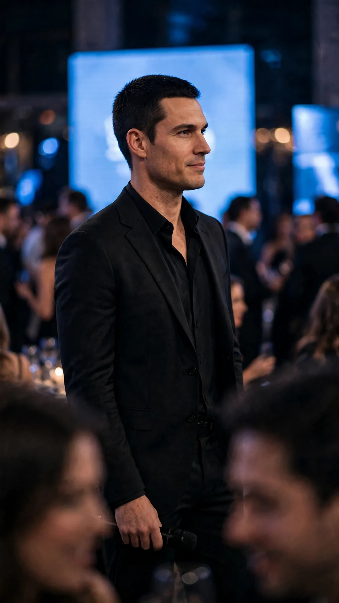 The man on stage looks across the ballroom with a faint, cold smile.