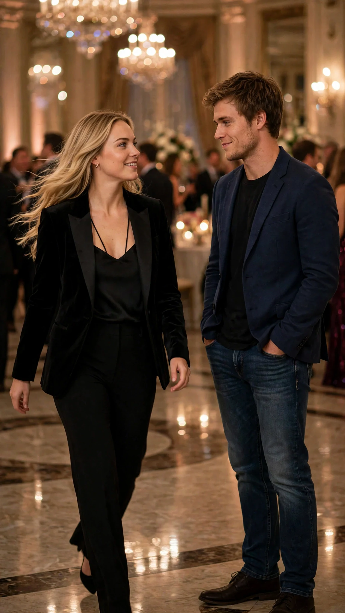A blonde woman crosses the ballroom toward a sandy-haired man in a blazer.