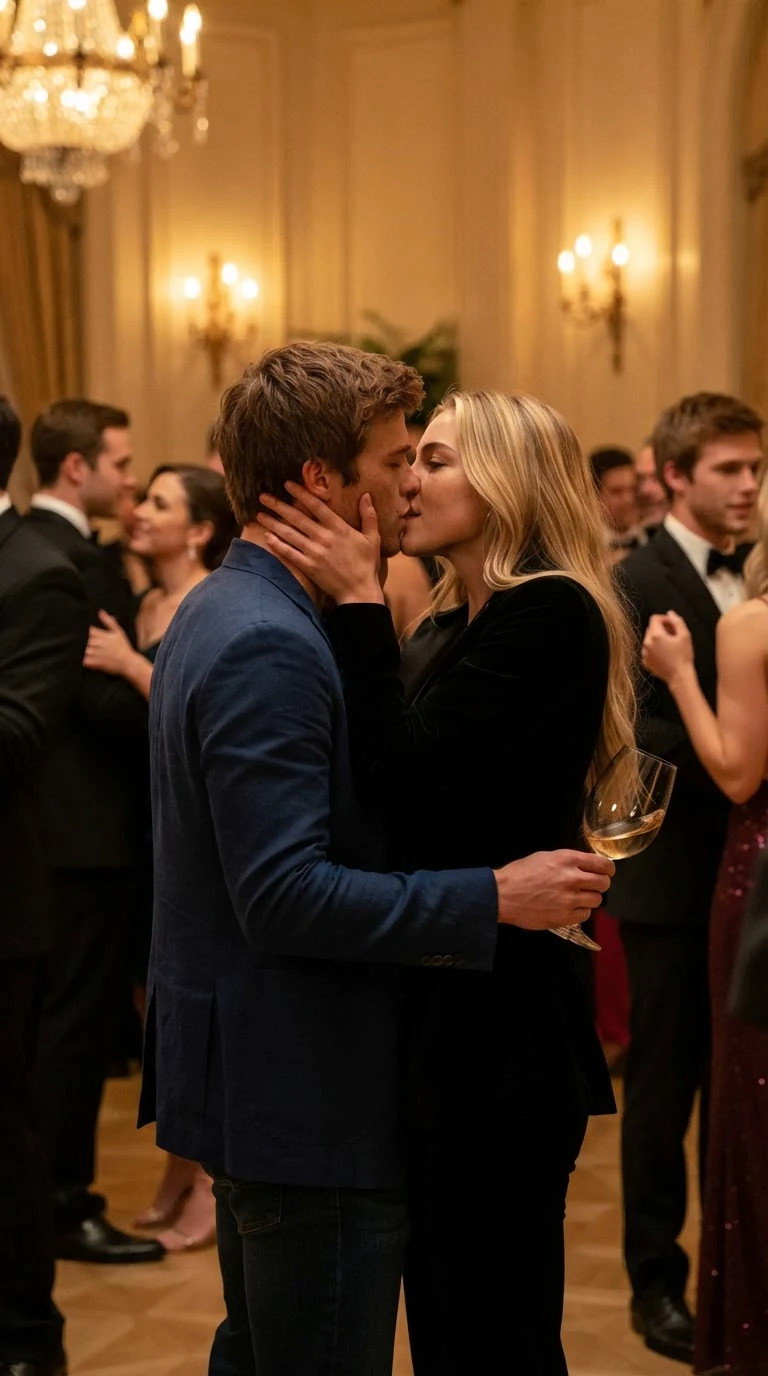 A blonde woman kisses a sandy-haired man in the middle of the dance floor.