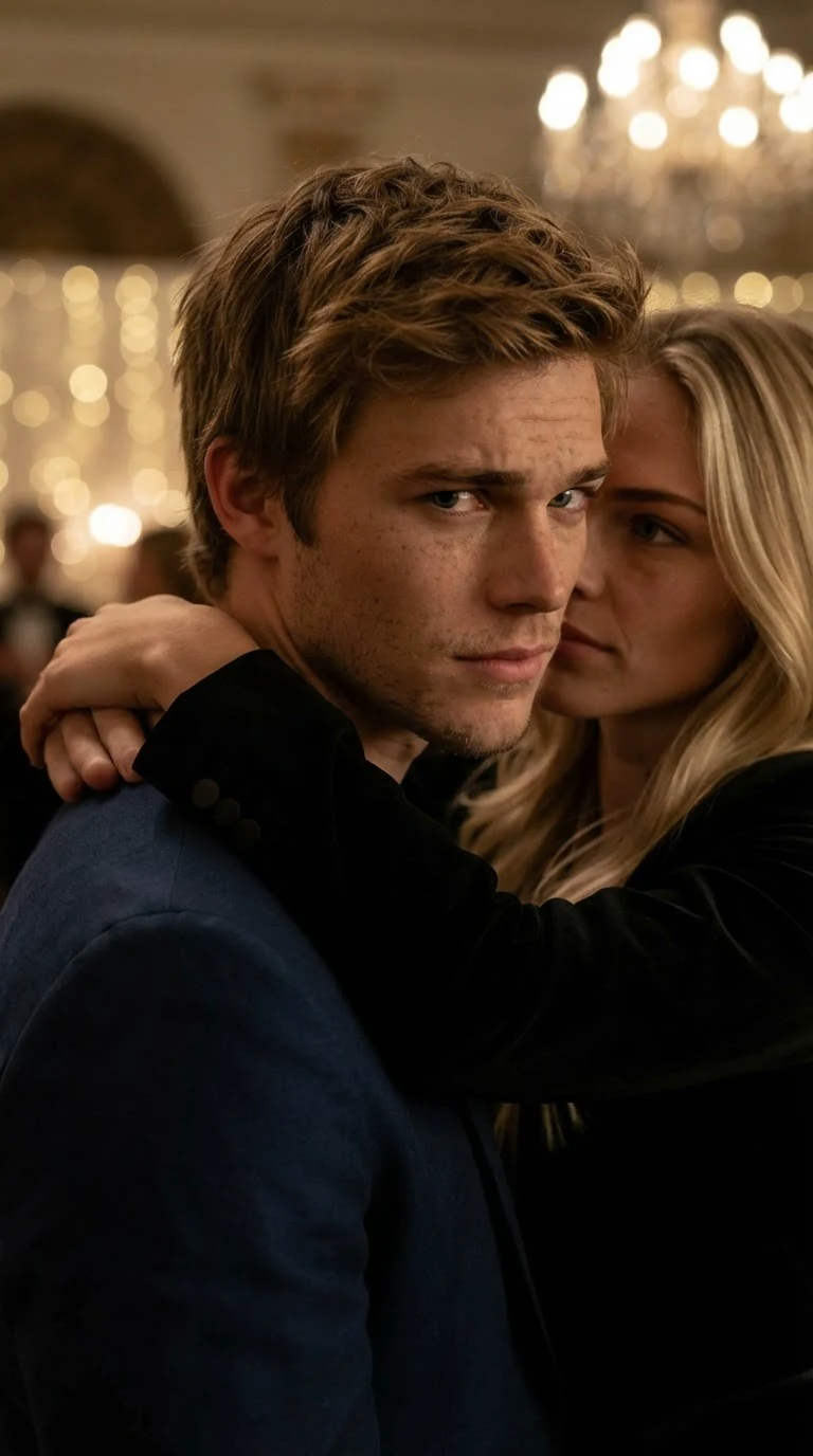 A sandy-haired man looks over a blonde woman's shoulder with a hard, flat stare.