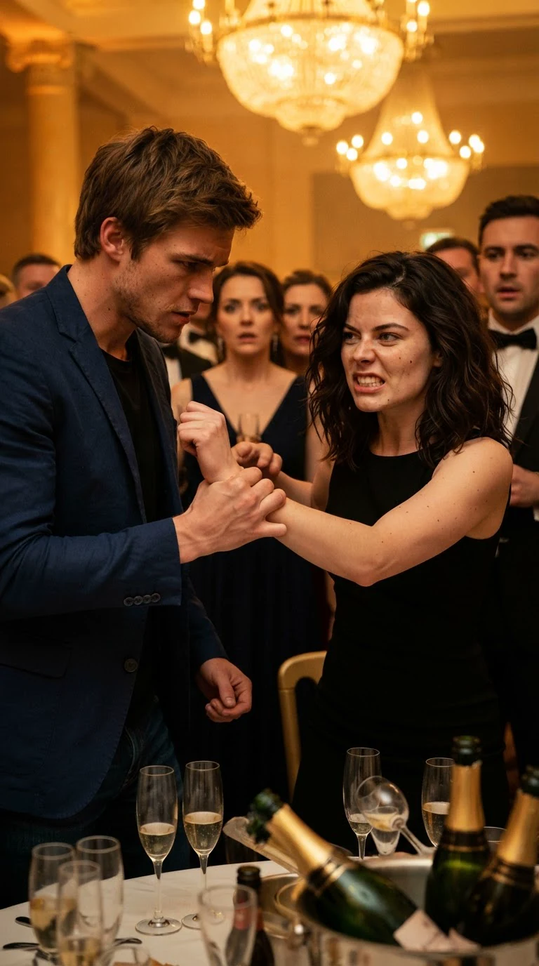 A man grips a woman's wrist hard while she pulls back.