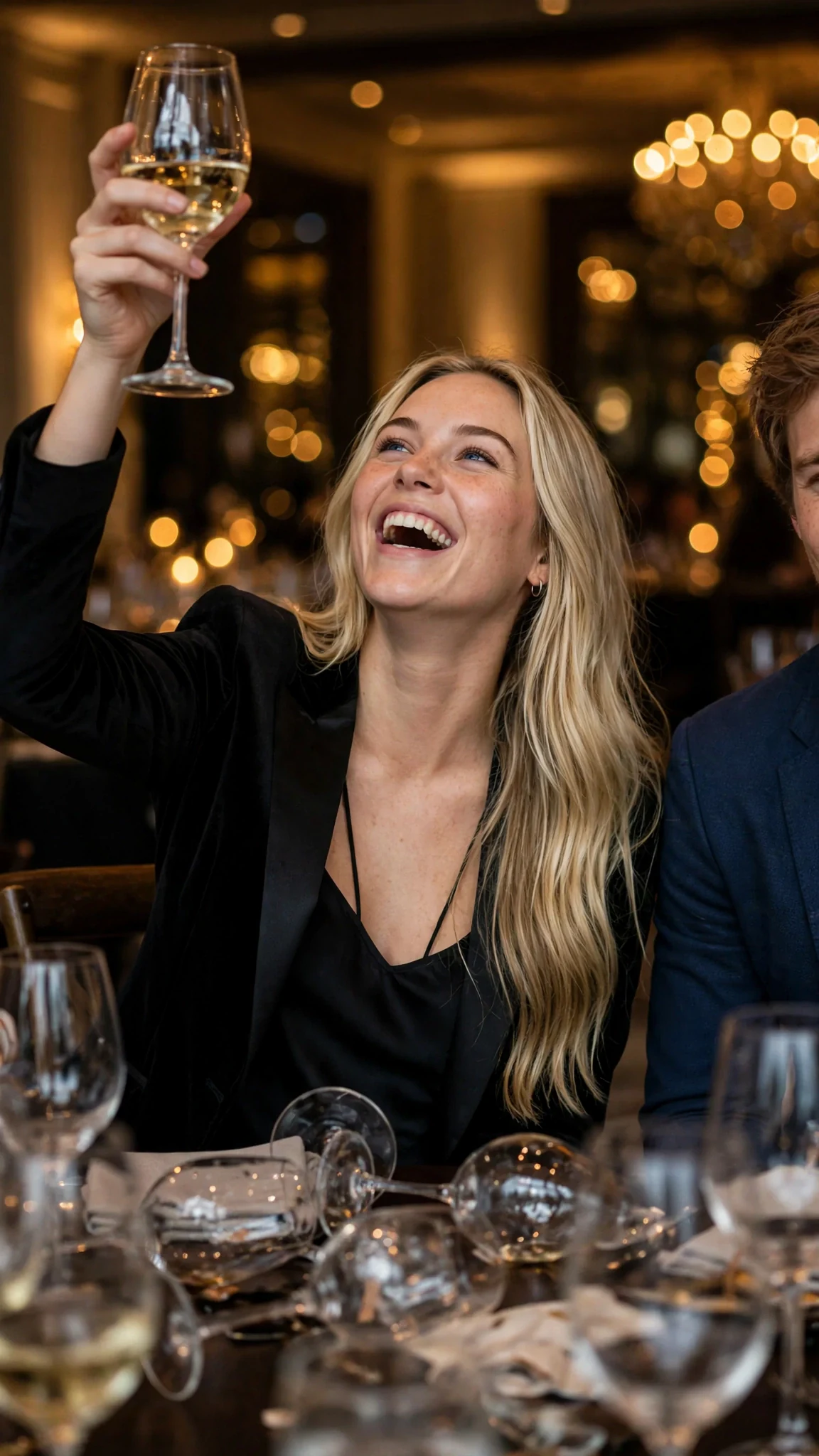 A blonde woman laughs with a raised wine glass while a man's shoulder fills the frame beside her.
