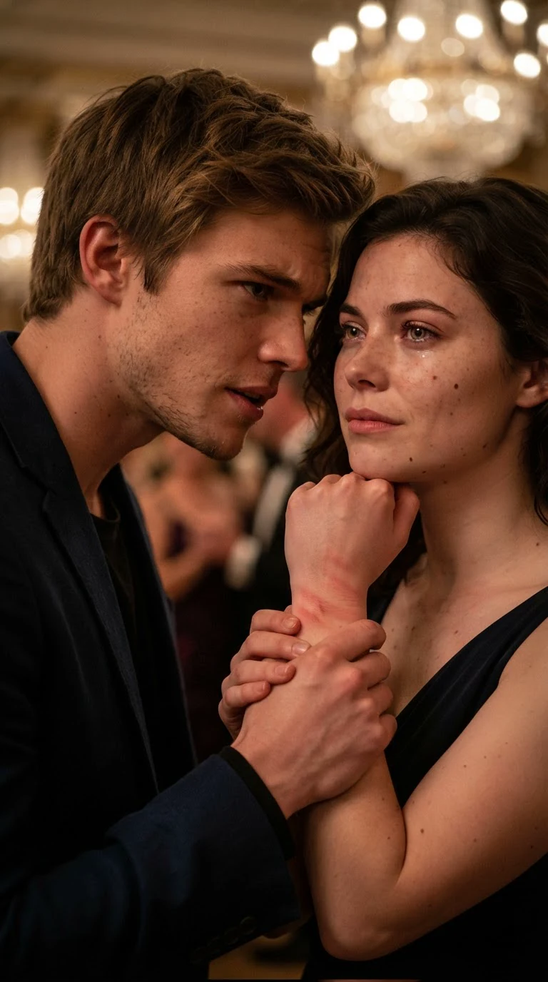 A sandy-haired man leans close to a young woman, threatening her while she holds her reddening wrist.