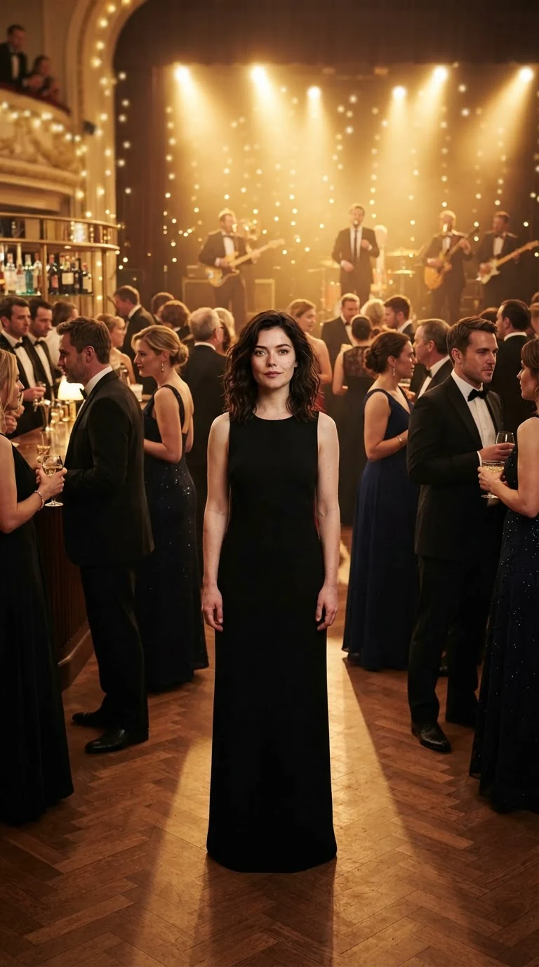 A young woman stands alone in a glittering crowd that has turned away from her.