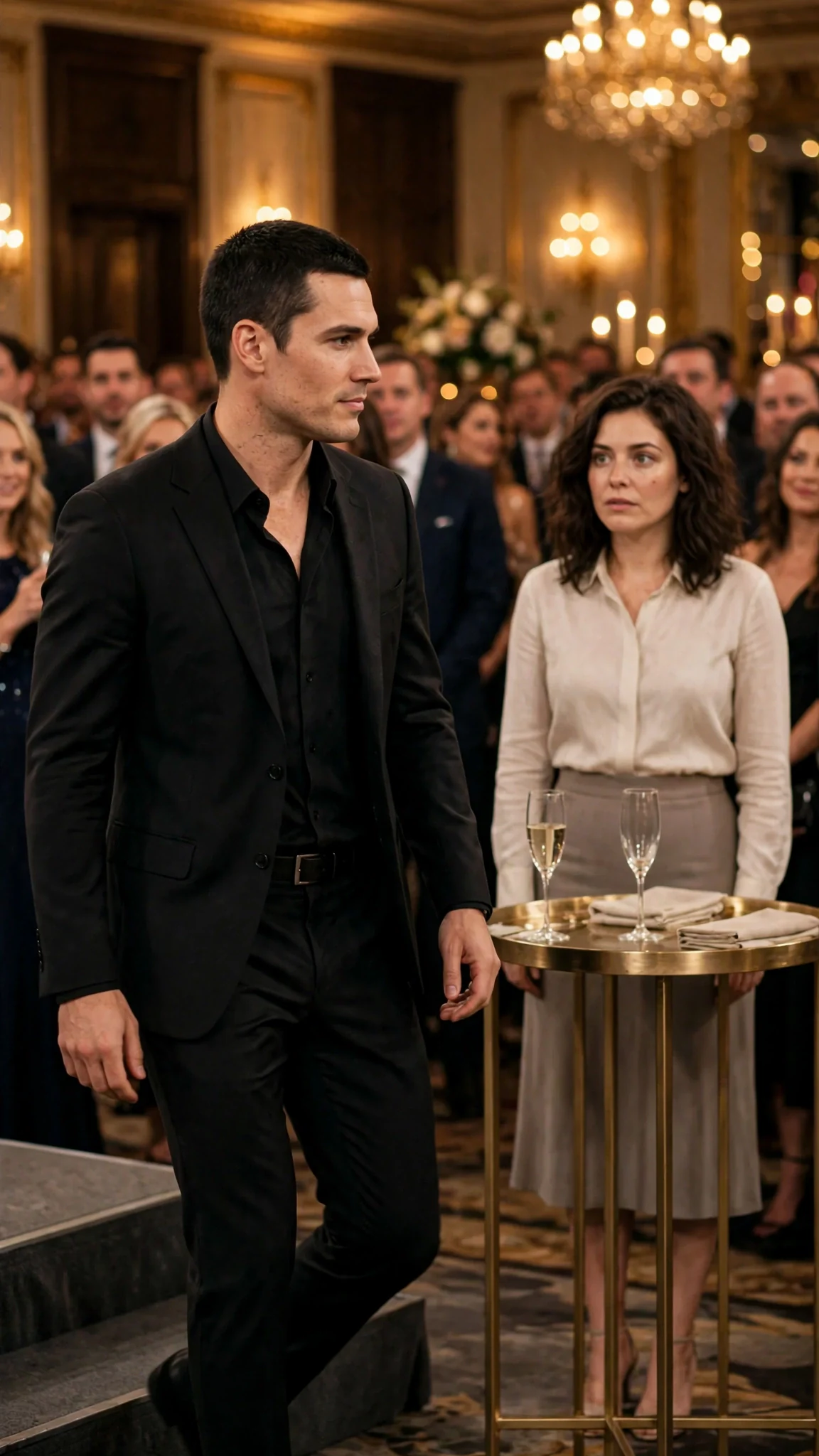 A tall man in a dark suit steps down from the stage toward a young woman.