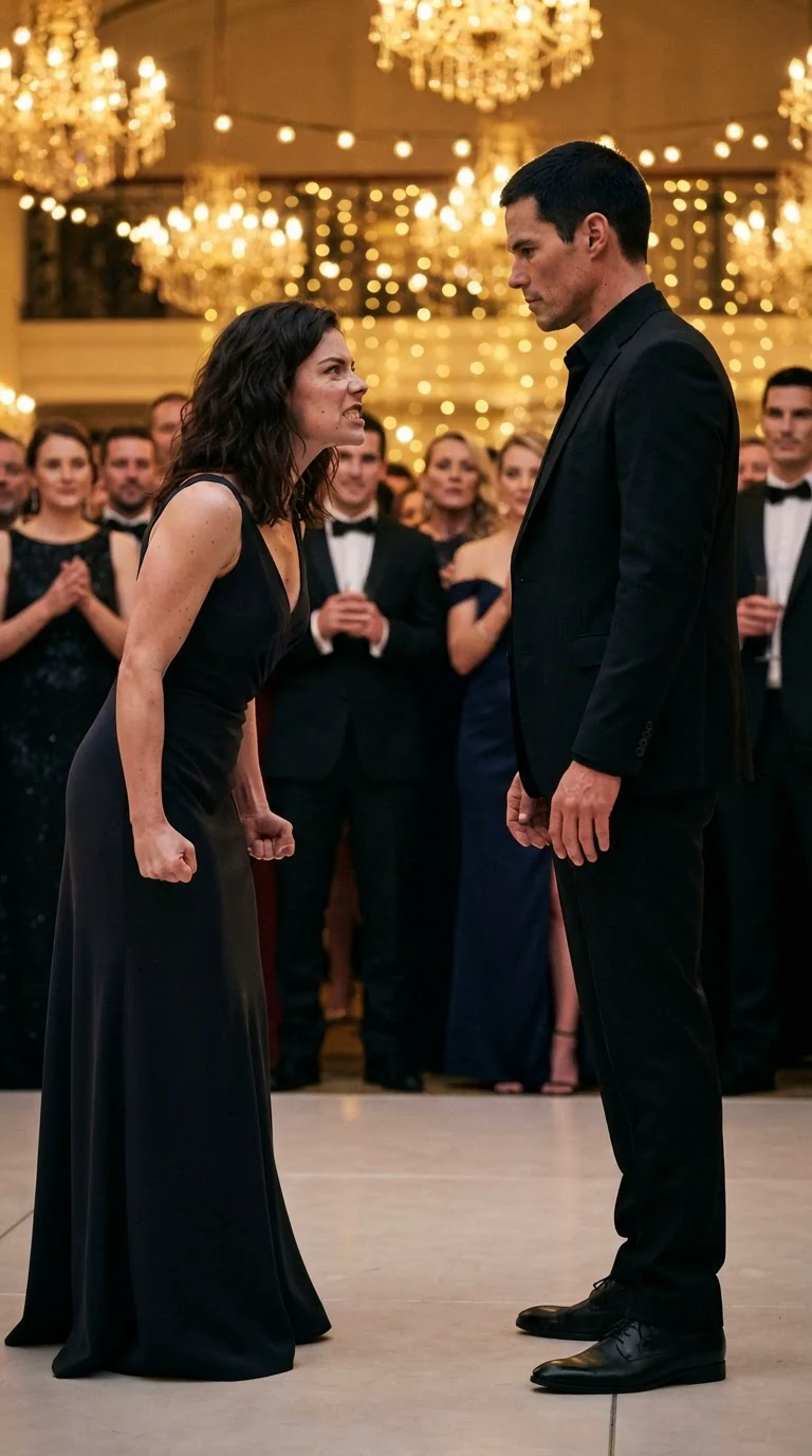 A young woman faces a tall man, furious, while he studies her calmly.