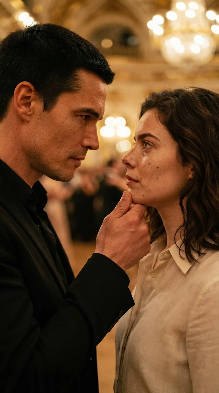 A man lifts a woman's chin with his thumb, their faces close in the ballroom light.