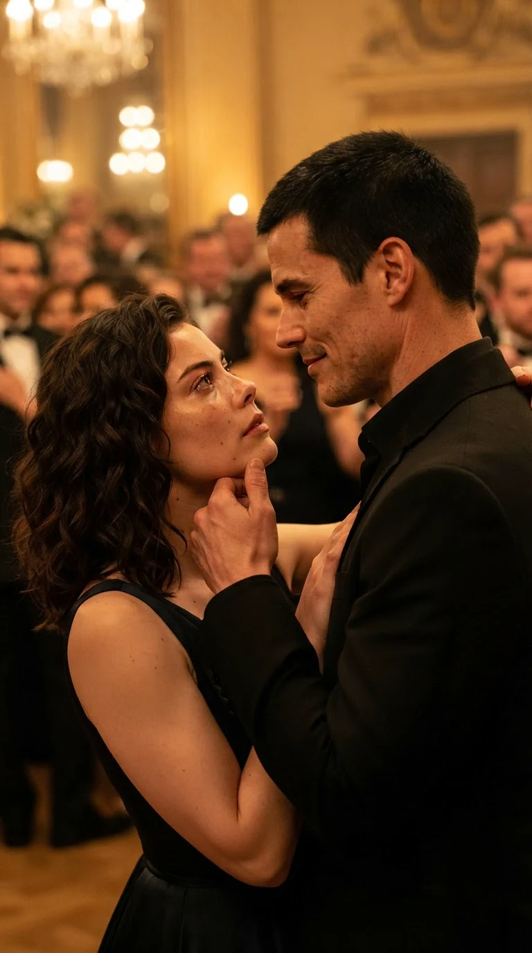 A young woman glares up at a tall man whose faint smile widens.