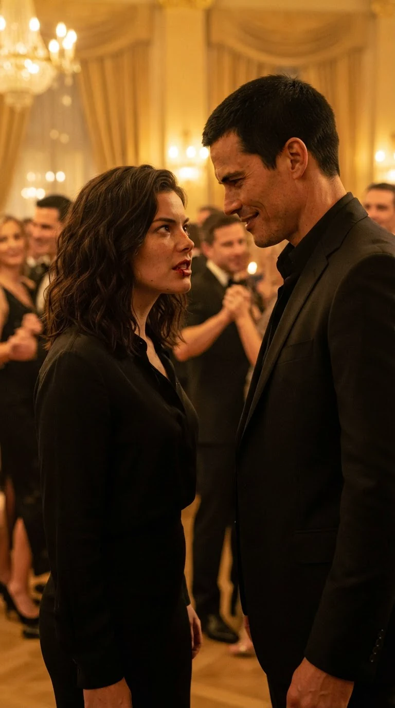 Sasha stands furious in a gold-lit ballroom while Dominic smiles coldly beside her.