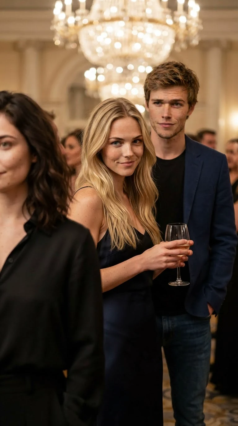 Britt smirks with a wine glass while Grayson stands behind her.