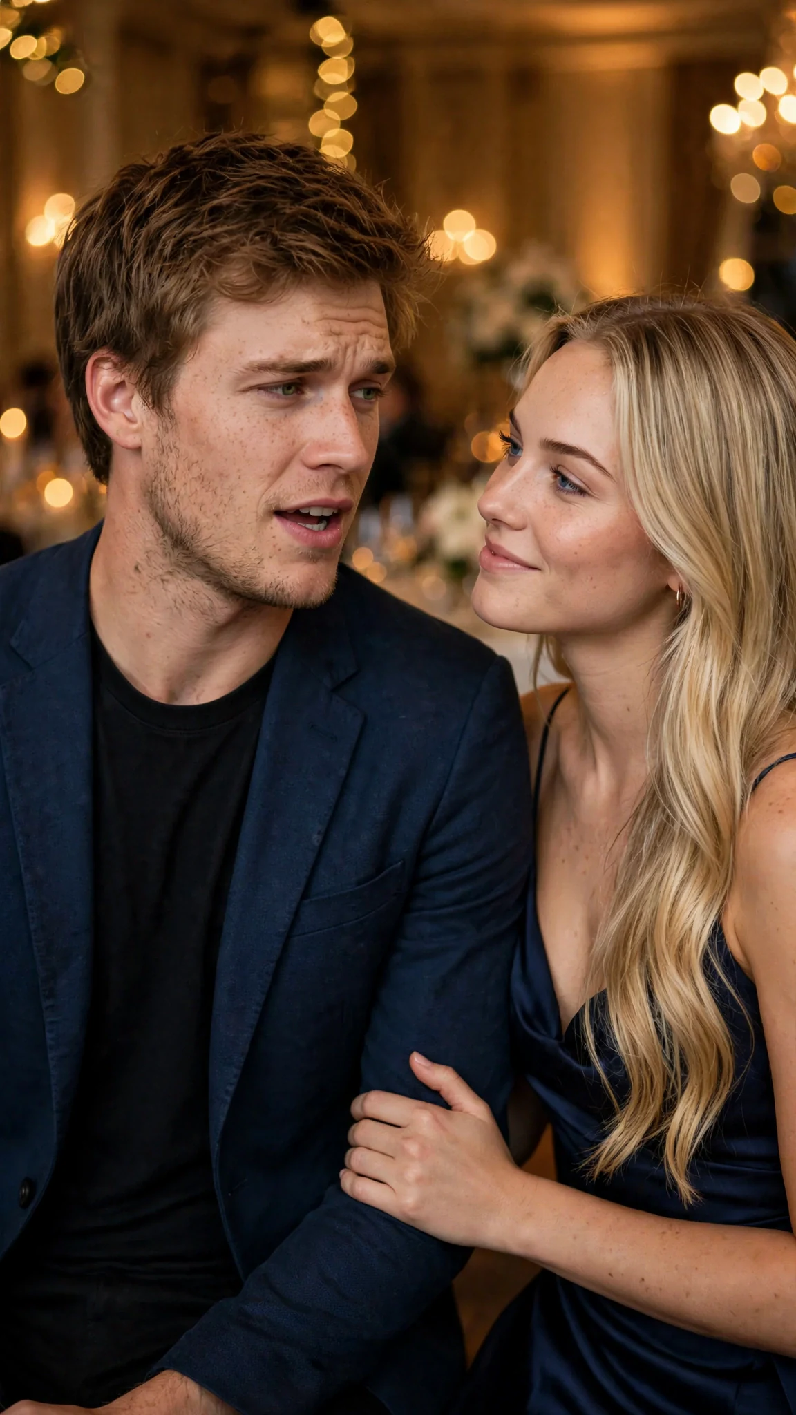 Grayson speaks with a hard jaw while Britt stands close at his side.