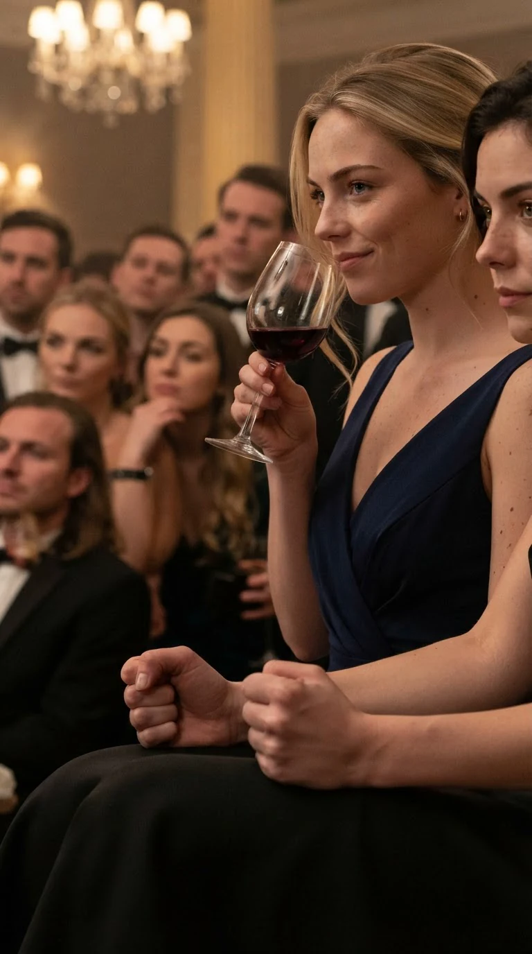 Britt smirks over her wine glass while Sasha's fists clench.