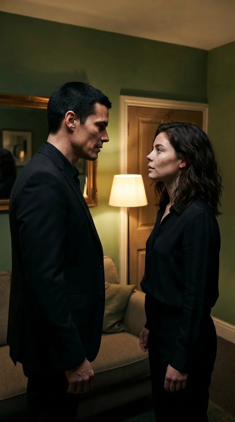 A small green room with a couch and mirror, Sasha and Dominic facing each other.