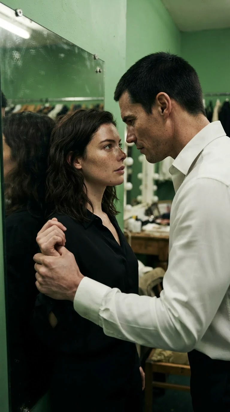 Sasha's back hits the mirror, Dominic close, her wrist in his hand.