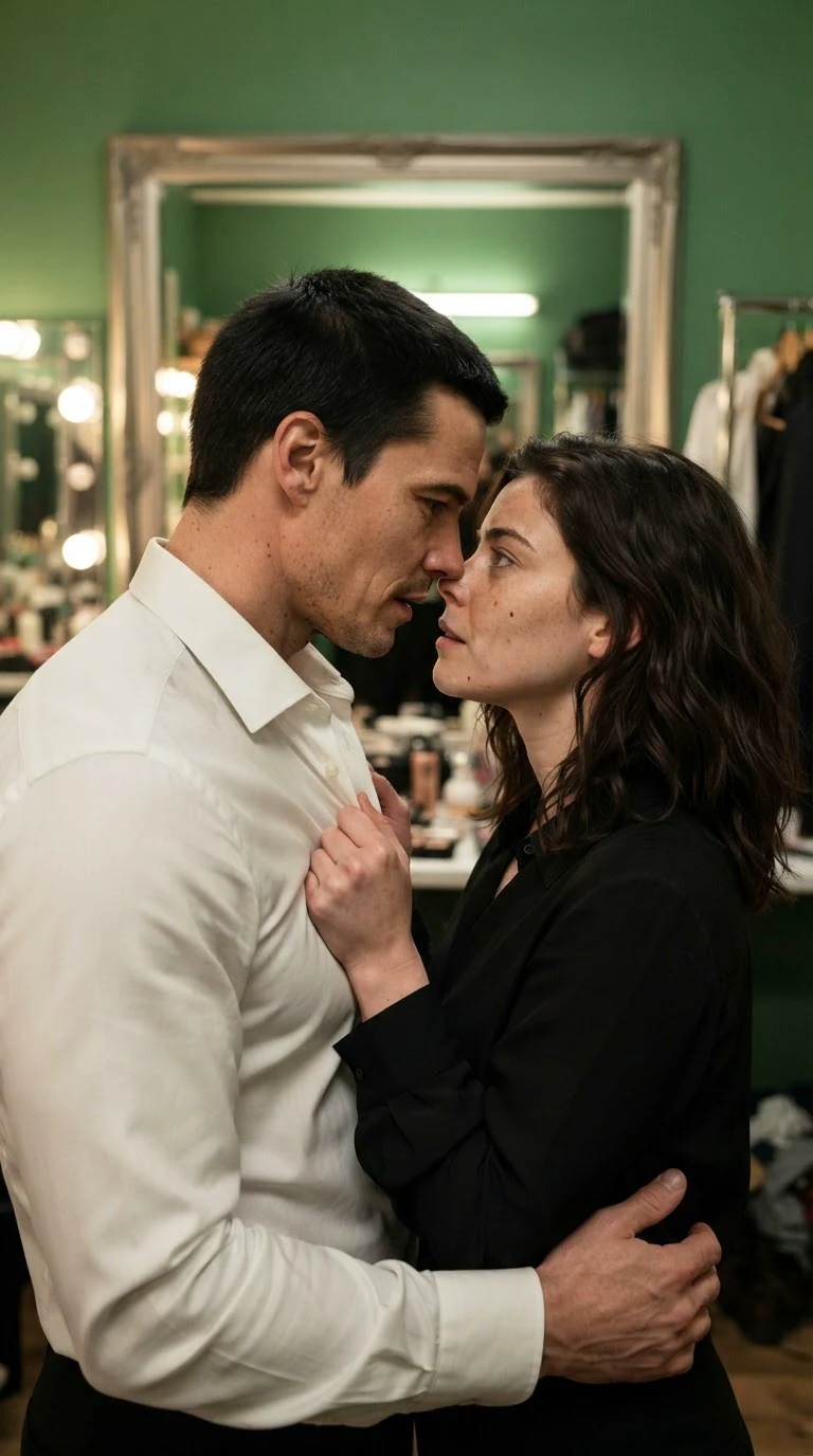 Dominic's mouth is close to Sasha's, her hands gripping his shirt.