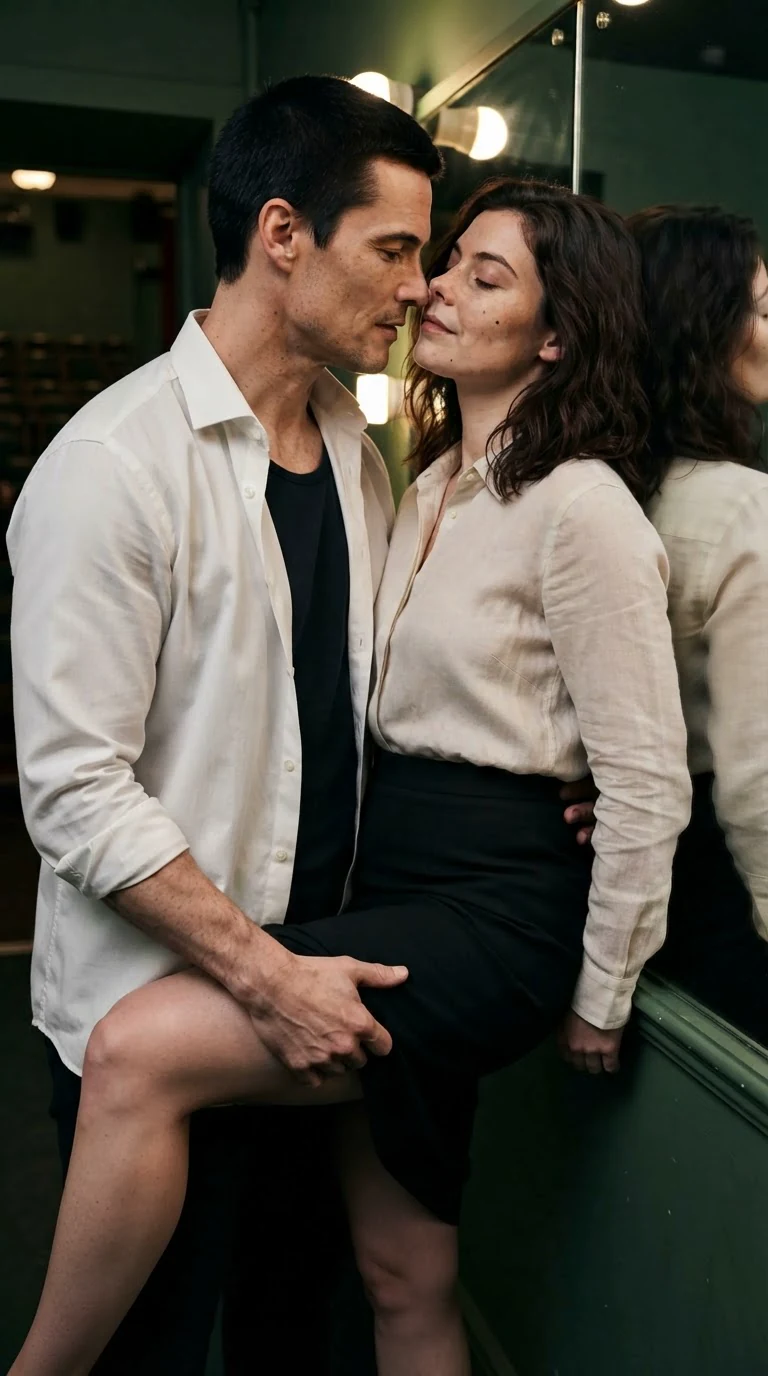 Dominic's thigh is between Sasha's legs, his hand at her skirt.