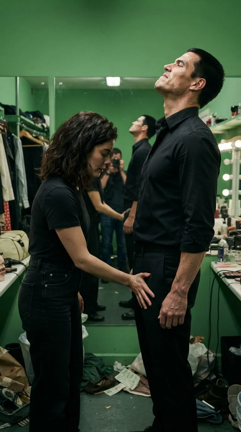 Sasha's hand presses the front of Dominic's trousers; his head tips back.