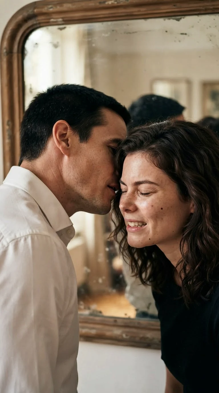 Dominic's mouth is at Sasha's ear, her eyes shut.