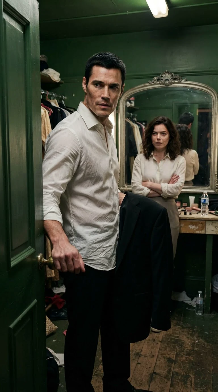 Dominic holds his jacket at the green room door while Sasha stays by the mirror.