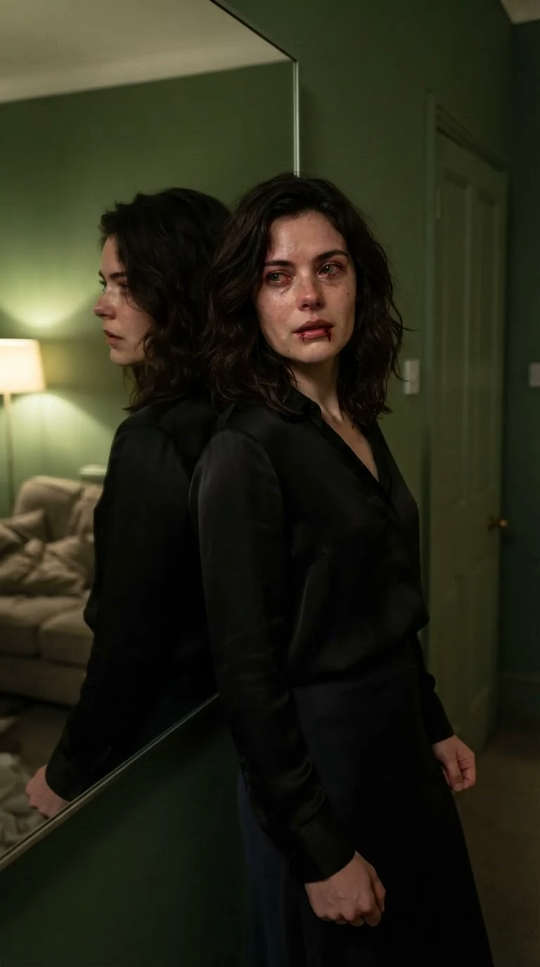 Sasha alone against the mirror in the empty green room.