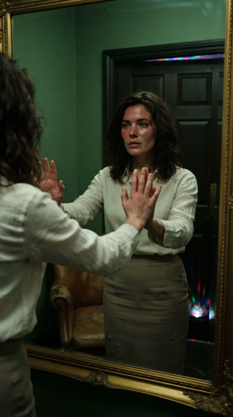 Sasha stands alone in a green room with her palms flat on a mirror, hair loose and face flushed.