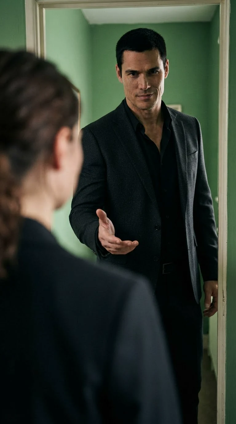Dominic stands in the green room doorway, jacket back on, holding out one open hand.