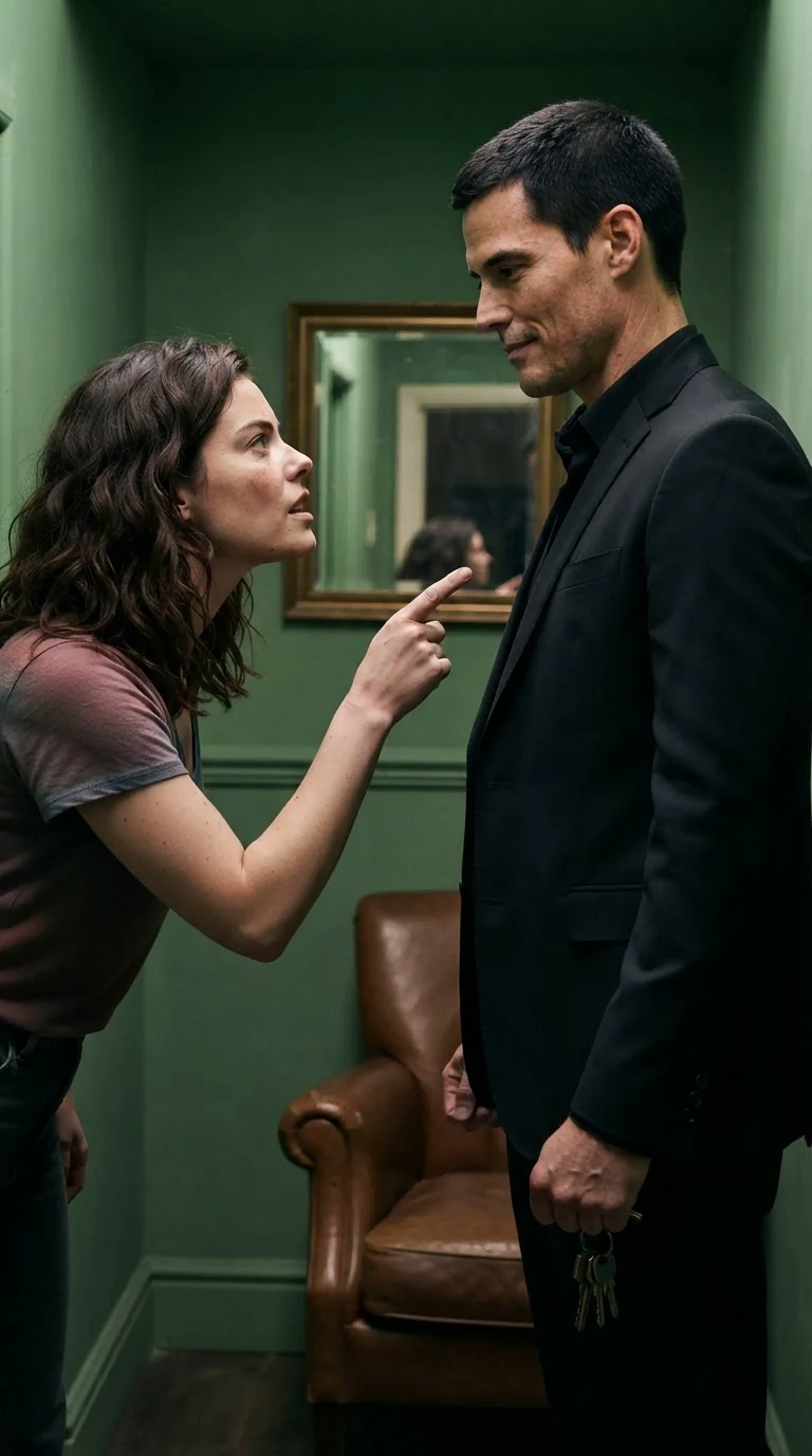 Sasha steps toward Dominic with her chin raised, furious, in the green room.