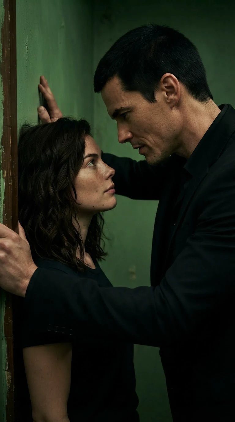 Dominic leans down toward Sasha, speaking quietly, his jaw hard.