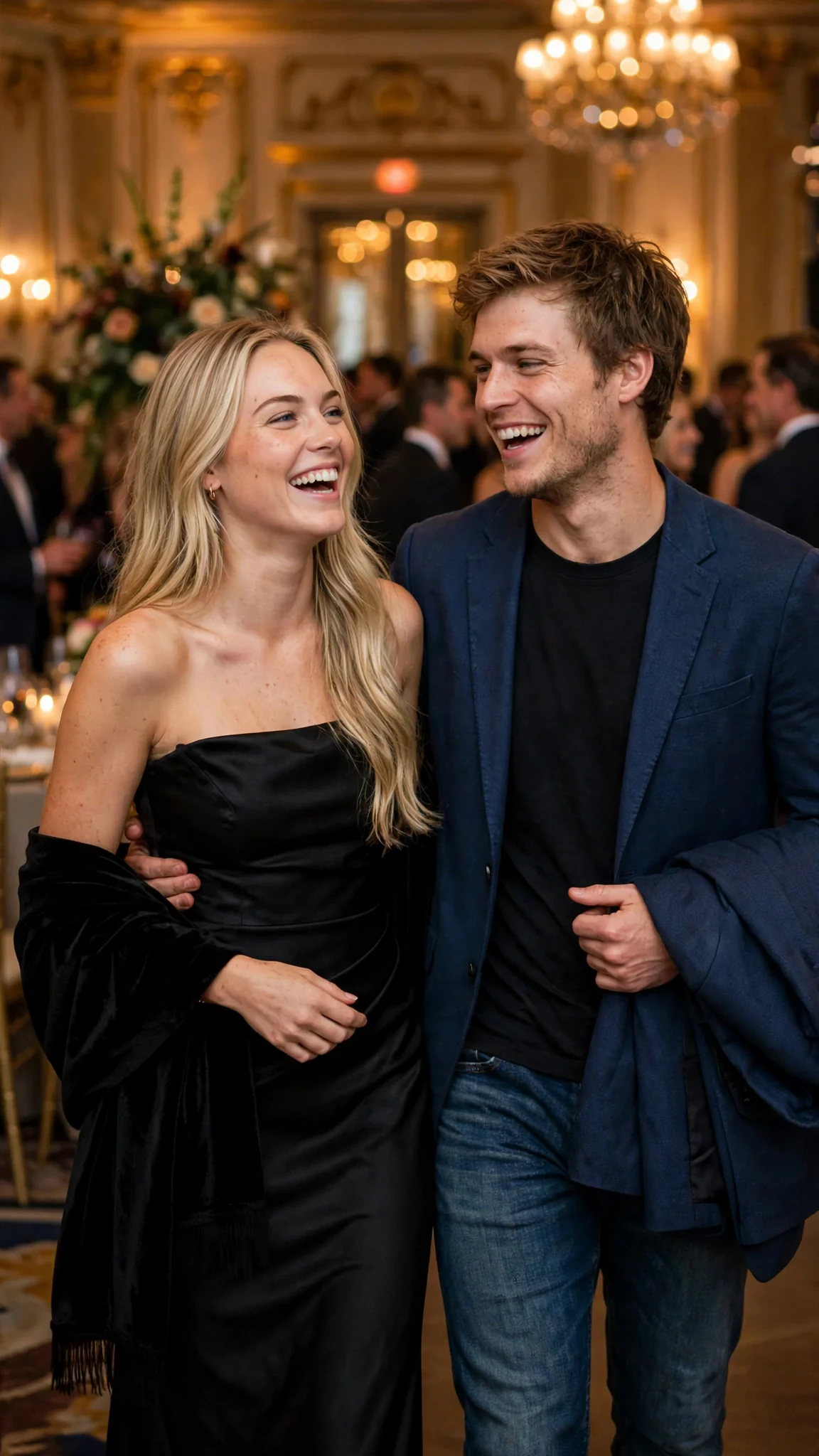 Across the ballroom, Britt and Grayson head for the exit with their coats, his hand low on her back.