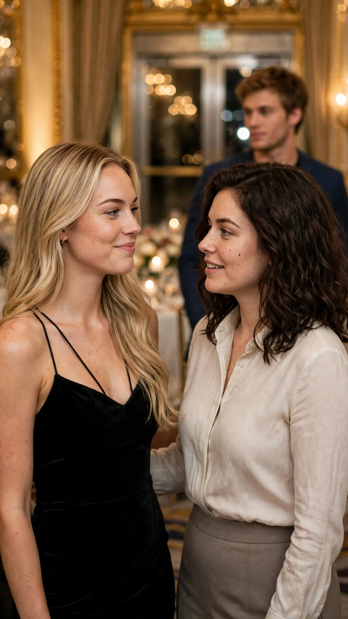 Britt pauses beside Sasha, smirking, while Grayson keeps walking.