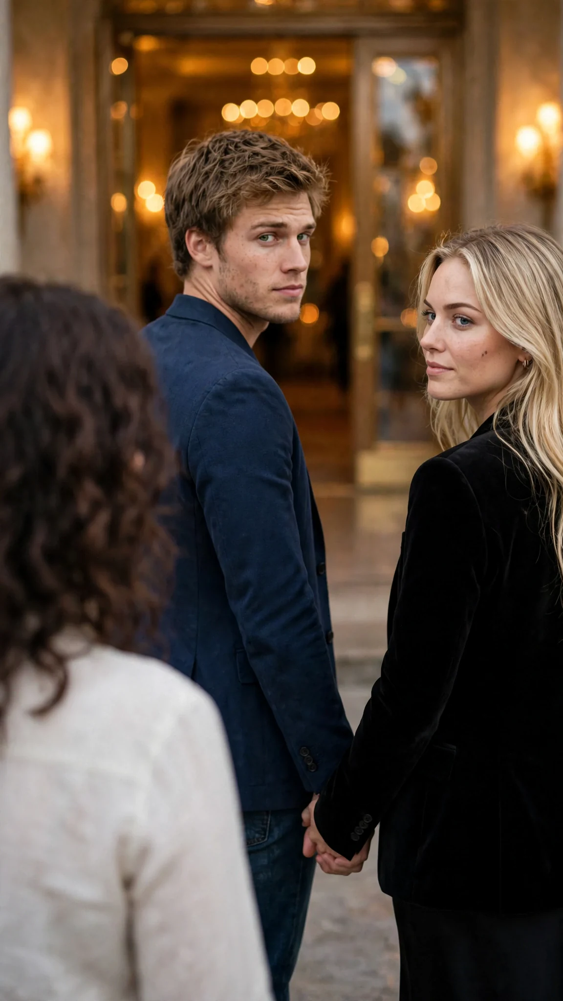 Grayson speaks over his shoulder without slowing down, Britt's hand in his.