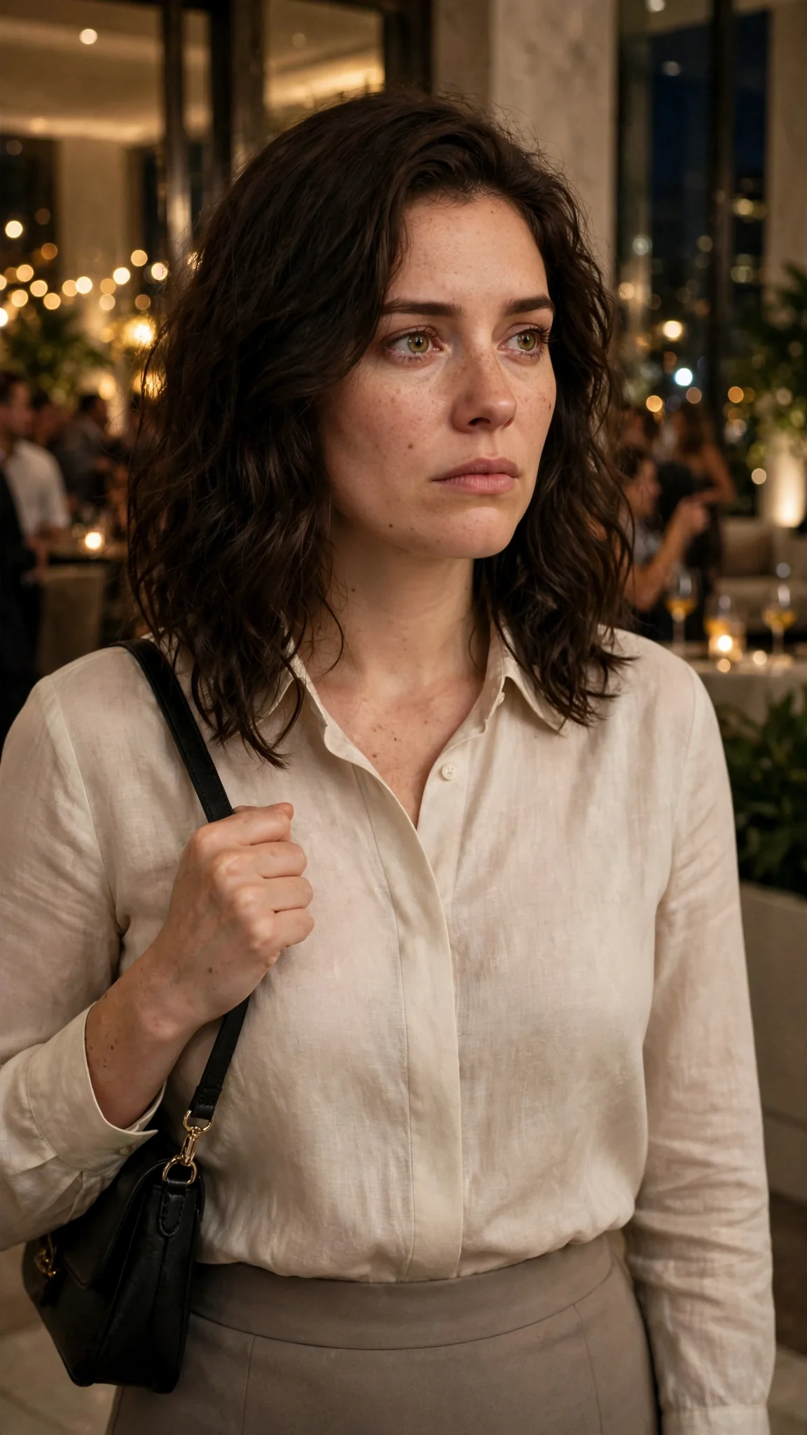 Sasha stands alone by the glass doors, eyes glassy, jaw clenched hard.