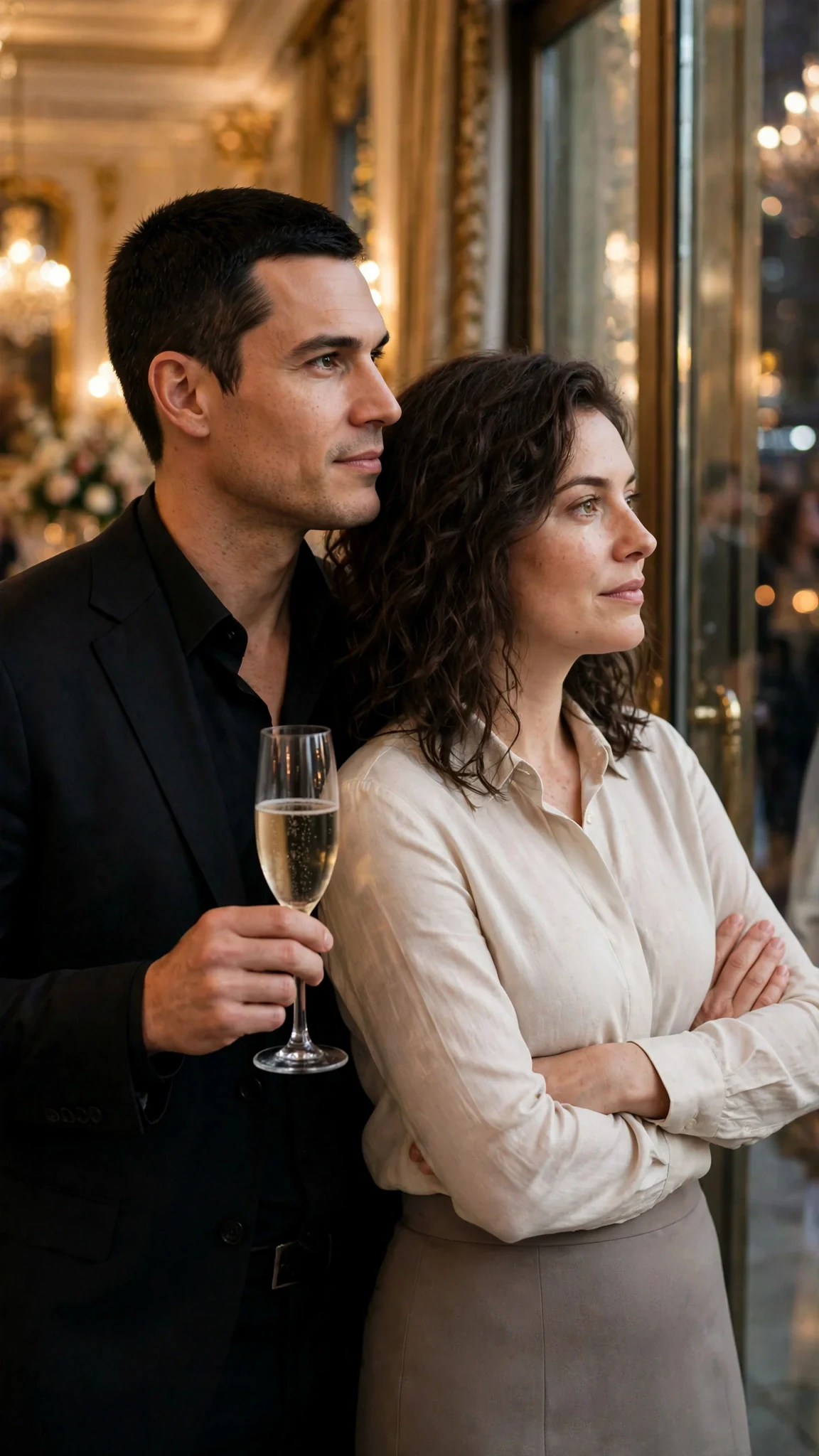 Dominic appears at Sasha's shoulder with an untouched glass, both of them facing the doors.
