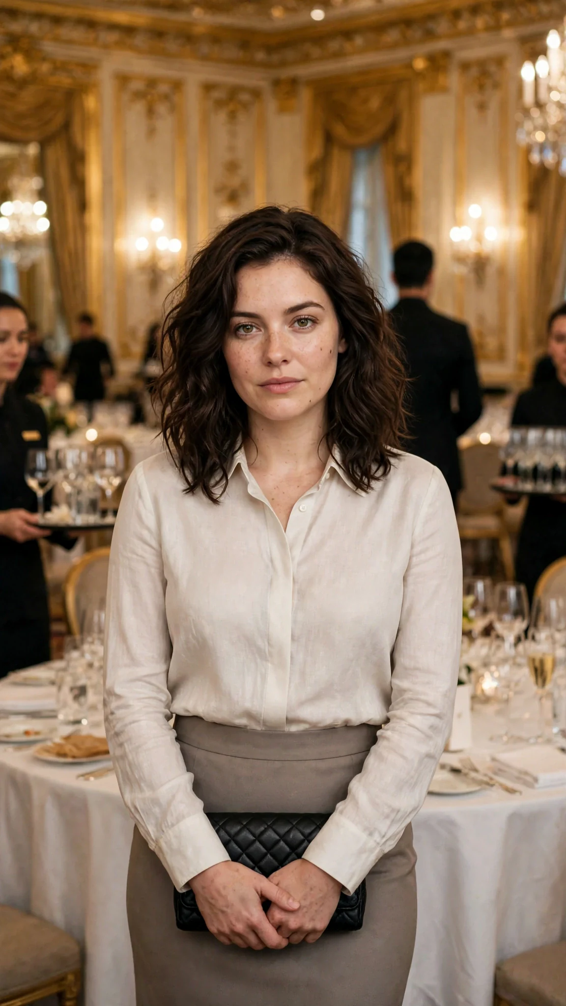 Sasha stands alone in the middle of the emptying ballroom, chin up, watching Dominic go.