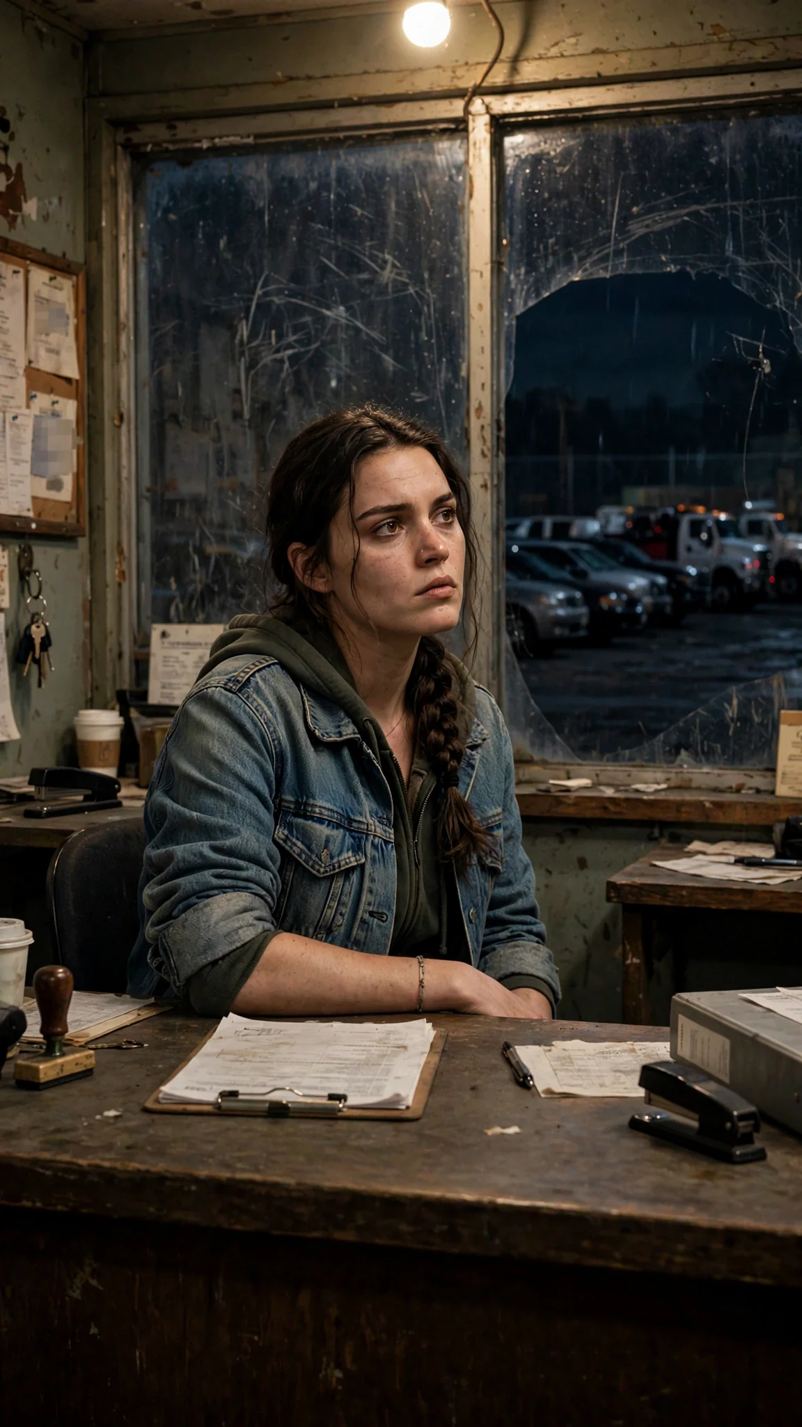A tired young woman in a denim jacket sits alone behind the glass window of a dark tow yard office at night.