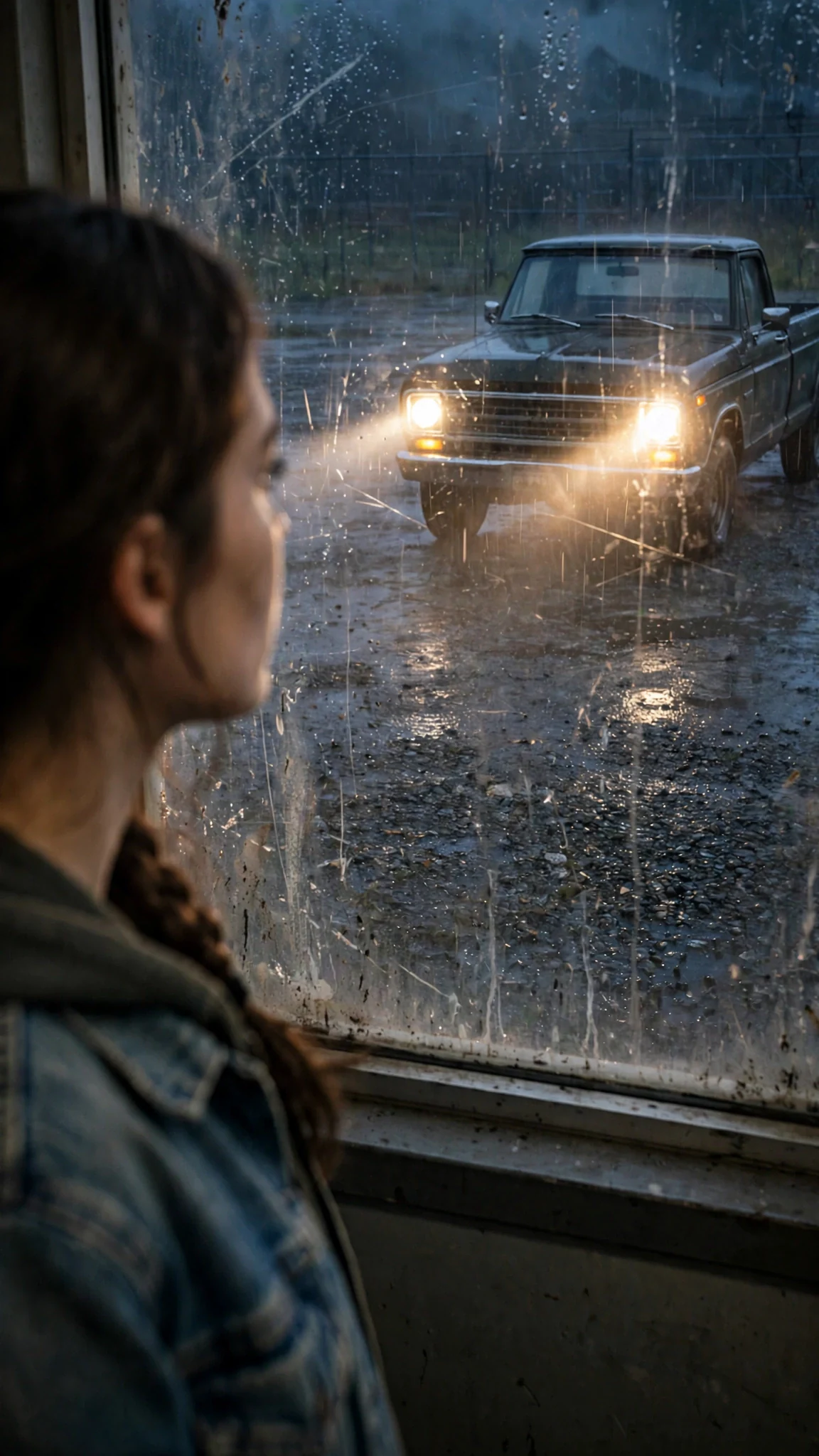 Headlights sweep across gravel as an old pickup truck rolls up to the tow yard window.