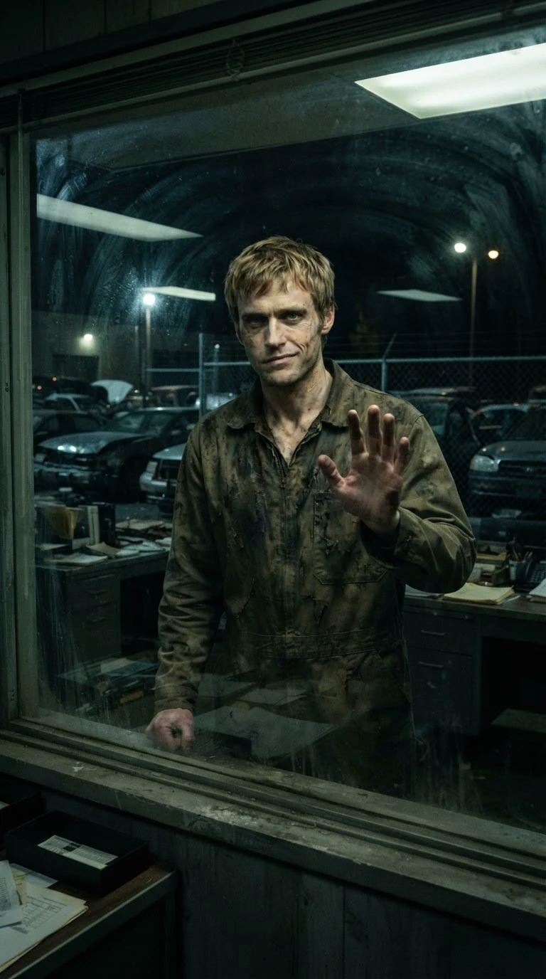 A lean man in a grease-stained work jacket stands at the night window, sneering through the glass.