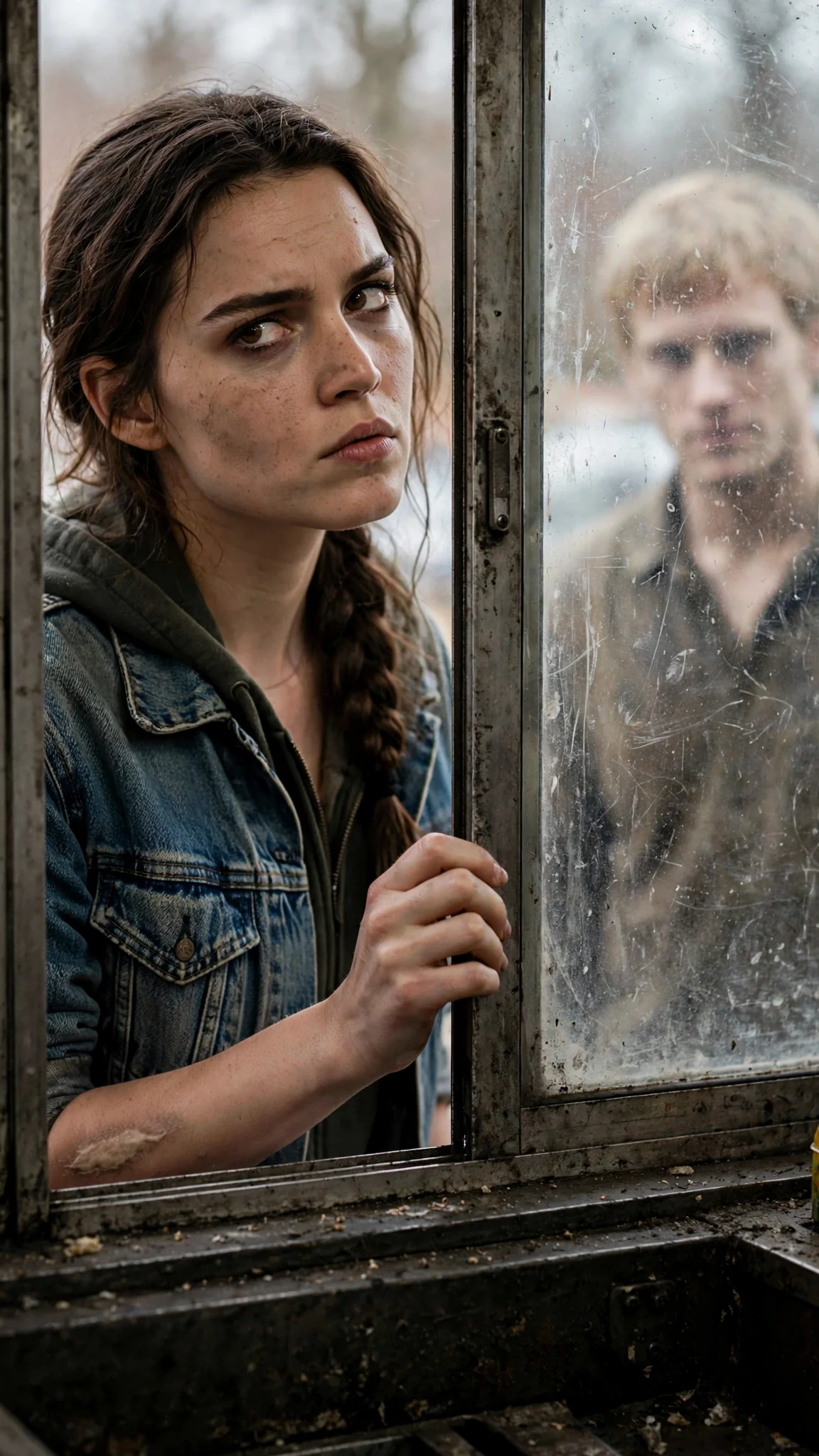 The young woman slides the window open a narrow gap, jaw set, watching the man outside.